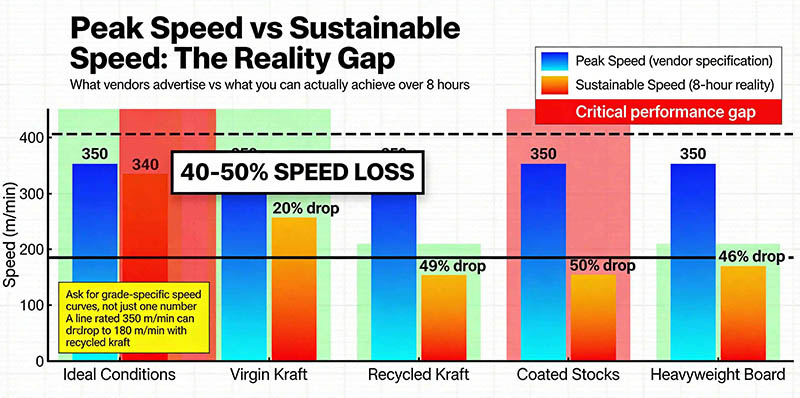 Graph showing peak speed vs sustainable speed across different paper grades – large gap visible