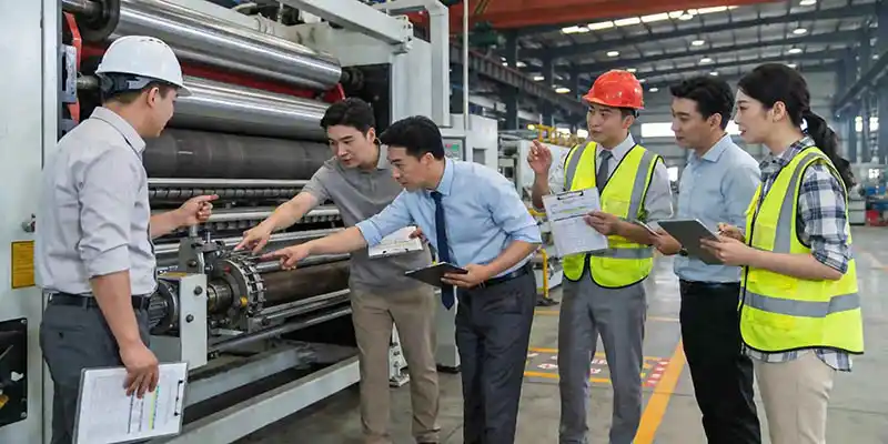 Purchasing team reviewing technical documentation around a table with checklists visible