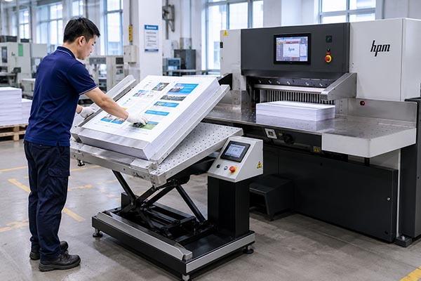 Operator using a pile turning system beside a guillotine cutter