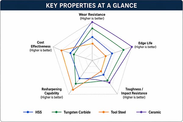 Reference chart comparing material hardness ranges and relative wear resistance across HSS, tool steel, carbide, and cerami