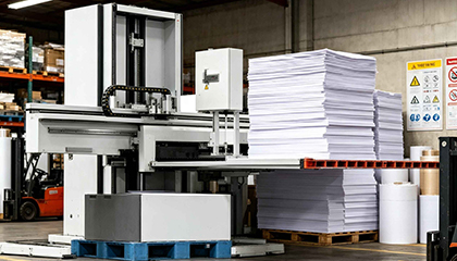 Factory scene with machinery and stacks of paper indicating production capacity